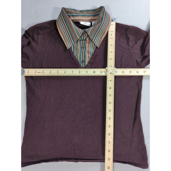 Covington Petite M Layered Look Top Brown Striped Collar Cuffs V Neck Rayon - Picture 6 of 11